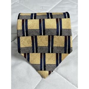 Vintage Louis Feraud Silk Tie Gold Blue Geometric Pattern Designer Necktie